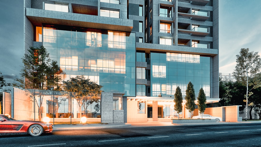 Edificio Moderno Com Fachada De Vidro E Carro Esportivo zyXzr_M49e0