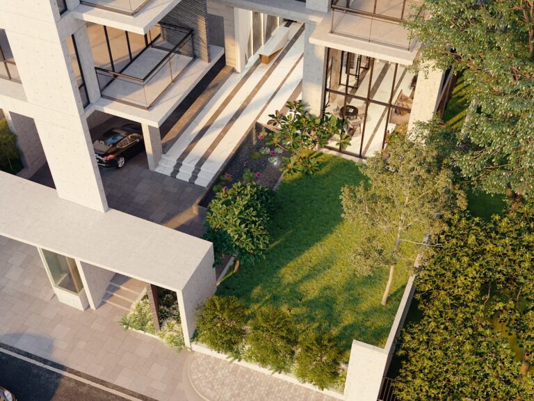 Edificio Moderno Com Relvado Verde E Arvores _BeghWWtme0