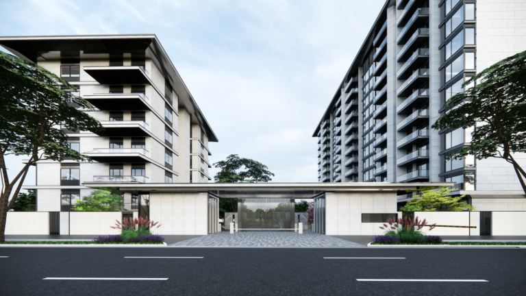 Modern residential buildings with sleek design, lush landscaping.
