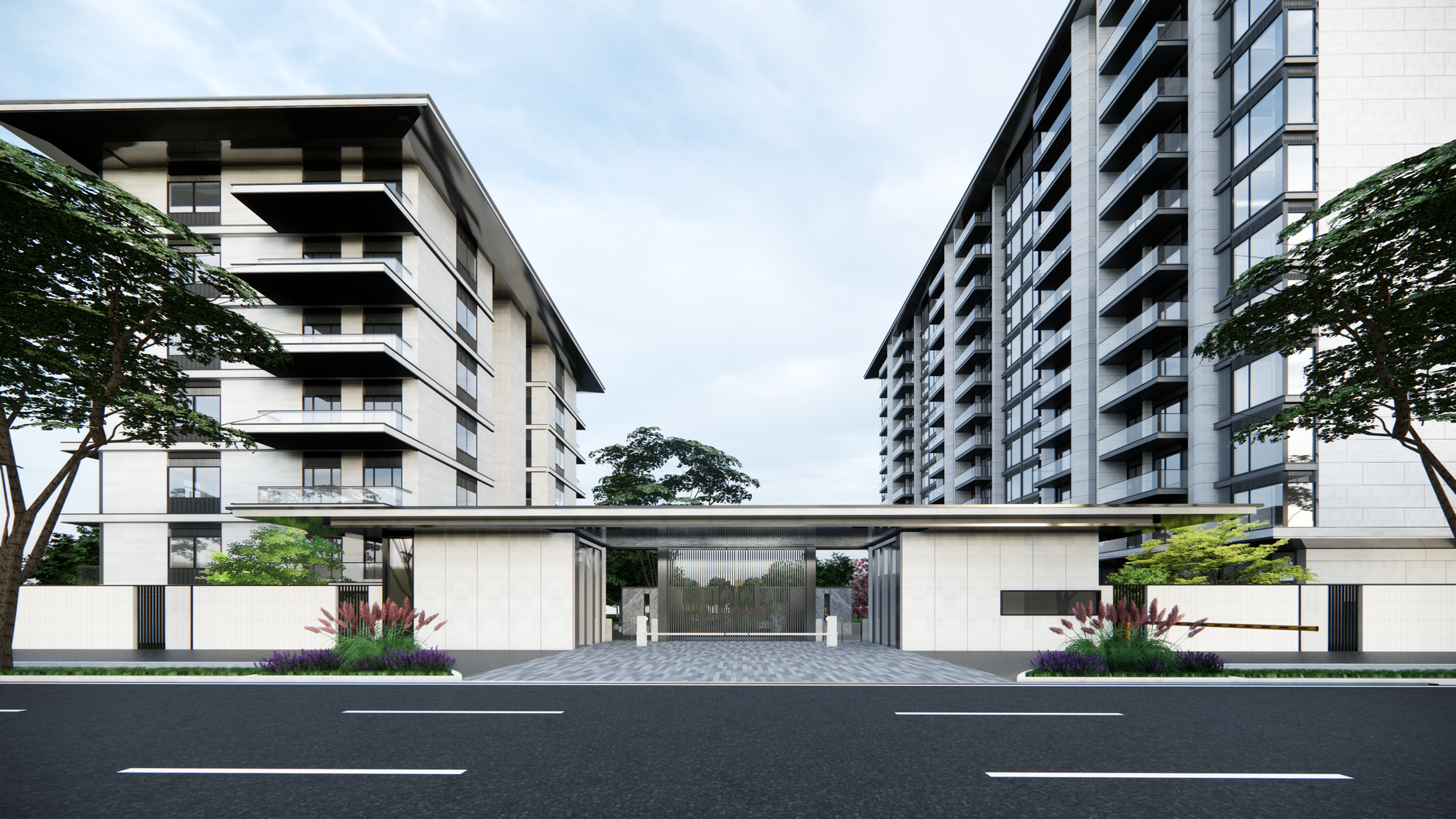 Modern residential buildings with sleek design, lush landscaping.