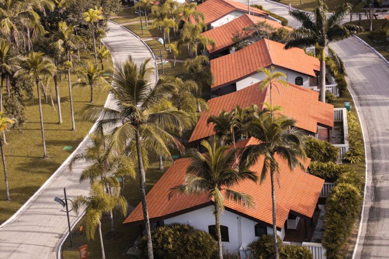 Aerial view of suburban houses lined with palm trees in Bertioga, São Paulo, Brazil.